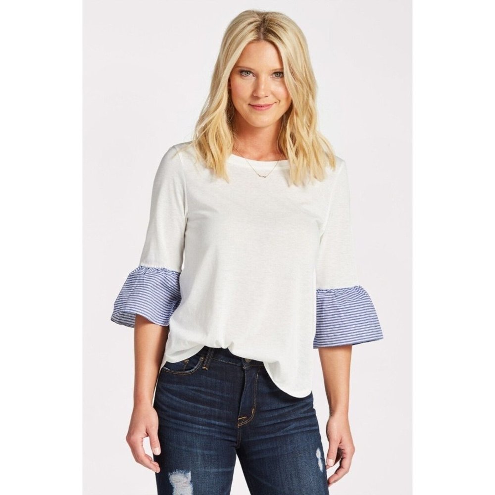 Anthropologie Sunday In Brooklyn Knit Tunic Woven  Sleeve Size M White Blue